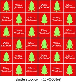 Christmas tree seamless pattern with the inscription Merry Christmas. New year firs wrapping paper design. Winter holiday decoration. Green christmas trees on red background. Vector illustration.