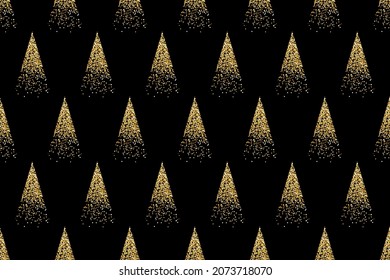 Christmas Tree Seamless Pattern. Minimalistic Fir Tree With Gold Glitter On A Black Background. Winter, Christmas And New Year Concept.