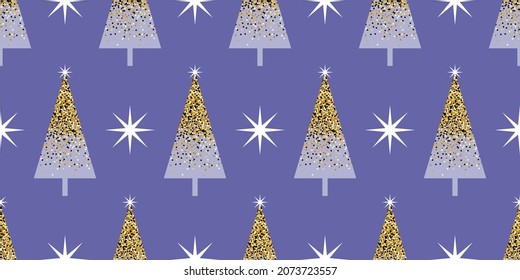 Christmas tree seamless pattern. Minimalistic fir tree with gold glitter and with a star on a blue background. Winter, Christmas and New Year concept.