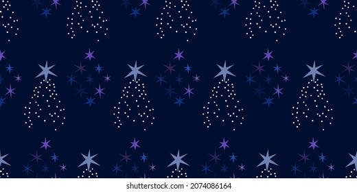Christmas tree seamless pattern. Minimalistic fir tree with star on dark blue background in doodle style. Winter, Christmas and New Year concept