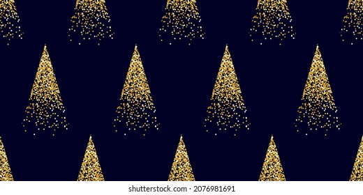 Christmas tree seamless pattern. Minimalistic fir tree with gold glitter on a dark blue background. Winter, Christmas and New Year concept.