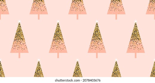 Christmas tree seamless pattern. Minimalistic fir tree with gold glitter and with a star on a pastel pink background. Winter, Christmas and New Year concept.