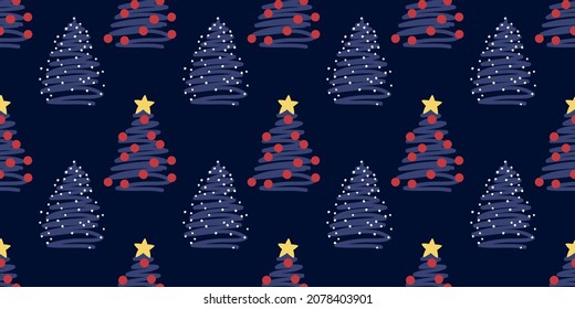 Christmas tree seamless pattern. Minimalistic fir tree with star on dark blue background  in doodle style. Winter, Christmas and New Year concept