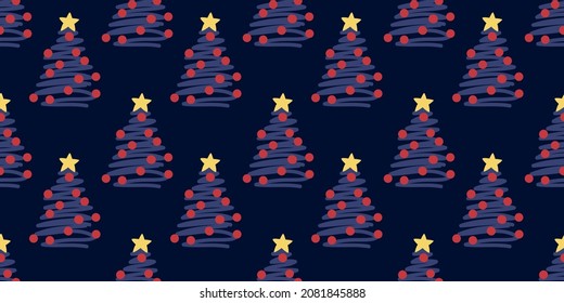 Christmas tree seamless pattern. Minimalistic fir tree with star on dark blue background  in doodle style. Winter, Christmas and New Year concept