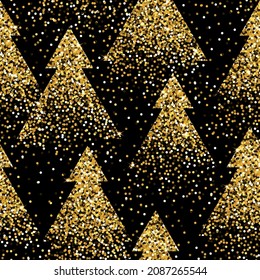 Weihnachtsbaum nahtloses Muster. Minimalistische Tannenbaum mit goldenem Glitter auf schwarzem Hintergrund. Konzept Winter, Weihnachten und Neujahr.
