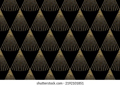 Christmas tree seamless pattern. Minimalistic fir tree with gold glitter on a black background. Winter, Christmas and New Year concept.