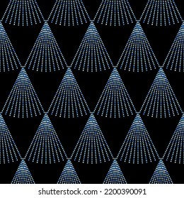 Christmas tree seamless pattern. Minimalistic fir tree with blue glitter on a black background. Winter, Christmas and New Year concept.