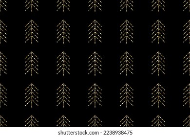 Christmas tree seamless pattern. Minimalistic fir tree with gold glitter on a black background. Winter, Christmas, and New Year concepts.