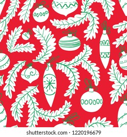 Christmas tree seamless pattern. New year cute background. Holiday seasonal backdrop with decoration balls. Vector illustration in bright colors