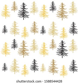 Christmas tree seamless pattern. New Year hand drown firs wrapping paper design, black and gold christmas trees modern background, noel holiday decoration, - Vector