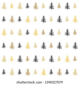 Christmas tree seamless pattern. New Year hand drown firs wrapping paper design, black and gold christmas trees modern background, noel holiday decoration, - Vector