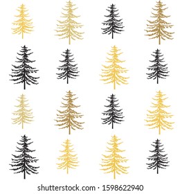 Christmas tree seamless pattern. New Year hand drown firs wrapping paper design, black and gold christmas trees modern background, noel holiday decoration, - Vector