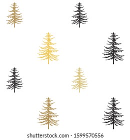 Christmas tree seamless pattern. New Year hand drown firs wrapping paper design, black and gold christmas trees modern background, noel holiday decoration, - Vector