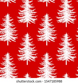 Christmas tree seamless pattern. Noel watercolor print, New year  winter holiday decoration, red christmas background with white snow, wallpaper, wrapping paper design