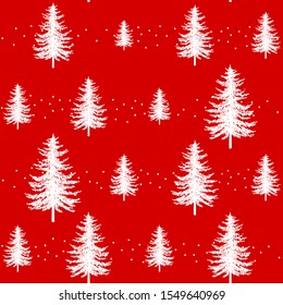 Christmas tree seamless pattern. Noel watercolor print, New year  winter holiday decoration, red christmas background with white snow, wallpaper, wrapping paper design
