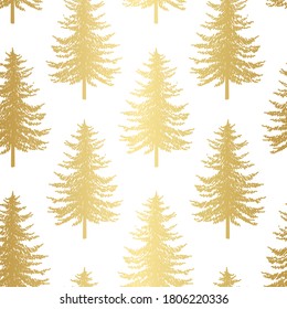 Christmas tree seamless pattern. Noel gold firs print, New year winter holiday decoration, golden christmas background on white, wrapping paper design