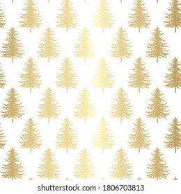 Christmas tree seamless pattern. Noel gold firs print, New year winter holiday decoration, golden christmas background on white, wrapping paper design