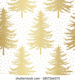 Christmas Tree Seamless Pattern. Noel Gold Firs Print, New Year Winter Holiday Decoration, Golden Christmas Background On White, Wrapping Paper Design