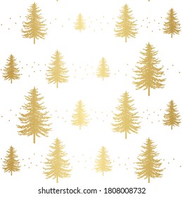 Weihnachtsbaum nahtloses Muster. Noel-Goldfirmen-Druck, Neue Winter-Urlaubsdekoration, goldener Weihnachtshintergrund auf Weiß, Wickelpapier-Design