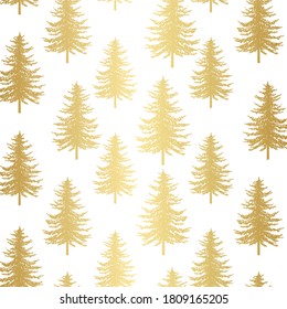 Christmas tree seamless pattern. Noel gold firs print, New year winter holiday decoration, golden christmas background on white, wrapping paper design