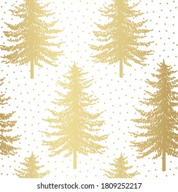 Christmas tree seamless pattern. Noel gold firs print, New year winter holiday decoration, golden christmas background on white, wrapping paper design