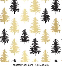 Christmas tree seamless pattern. Noel gold print, New year winter holiday decoration, golden christmas background with firs and white snow, wallpaper, wrapping paper design