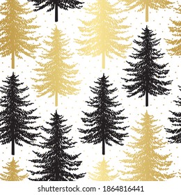 Christmas tree seamless pattern. Noel gold print, New year winter holiday decoration, golden christmas background with firs and white snow, wallpaper, wrapping paper design