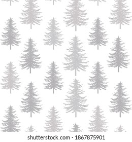 Christmas tree seamless pattern. Noel silver print,  christmas background with firs and snow, wrapping paper design