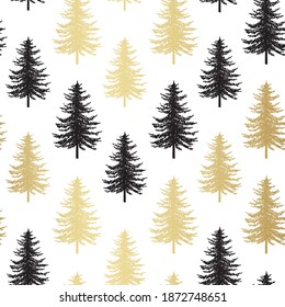 Christmas tree seamless pattern. Noel gold print, New year winter holiday decoration, golden christmas background with firs and white snow, wallpaper, wrapping paper design