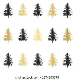 Christmas tree seamless pattern. Noel gold print, New year winter holiday decoration, golden christmas background with firs and white snow, wallpaper, wrapping paper design