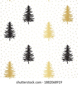 Christmas tree seamless pattern. Noel gold print, New year winter holiday decoration, golden christmas background with firs and white snow, wallpaper, wrapping paper design