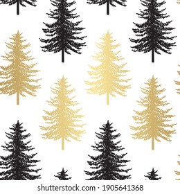 Christmas tree seamless pattern. Noel gold print, New year winter holiday decoration, golden christmas background with firs and white snow, wallpaper, wrapping paper design