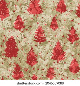 Christmas tree seamless pattern. Noel red firs print, New year winter holiday decoration, grunge texture baroque background