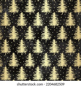 Christmas tree seamless pattern. Noel gold on black print, New year winter decoration, golden christmas background with firs and snowflakes, wallpaper, wrapping paper design
