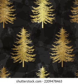 Patrón ininterrumpido del árbol de Navidad. Oro noel sobre huella negra, decoración de invierno de Año nuevo, fondo de navidad dorada con primos y copos de nieve, papel tapizado, diseño de papel envolvente
