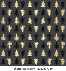 Weihnachtsbaum nahtloses Muster. Edelgold auf schwarzem Druck, Winterschmuck im Neujahr, goldener Weihnachtshintergrund mit Tfirmen und Schneeflocken, Tapete, Verpackungsdesign