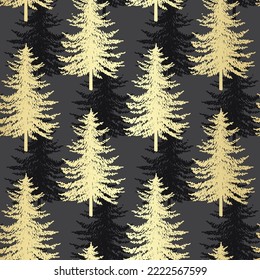 Christmas tree seamless pattern. Noel gold on black print, New year winter decoration, golden christmas background with firs and snowflakes, wallpaper, wrapping paper design