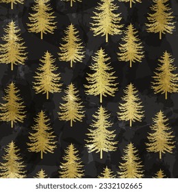 Christmas tree seamless pattern. Noel gold on black print, New year winter decoration, golden Christmas background with firs and snowflakes,  wrapping paper design