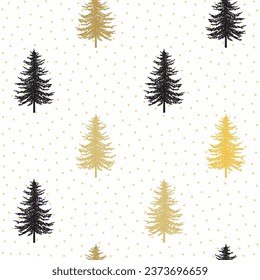Christmas tree seamless pattern. Noel gold on black print, New year winter decoration, golden christmas background with firs and snowflakes, wallpaper, wrapping paper design