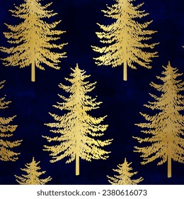 Christmas tree seamless pattern. Noel gold on black print, New year winter decoration, golden christmas background with firs and snowflakes, wallpaper, wrapping paper design