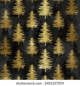 Christmas tree seamless pattern. Noel gold on black print, New year winter decoration, golden christmas background with firs and snowflakes, wallpaper, wrapping paper design