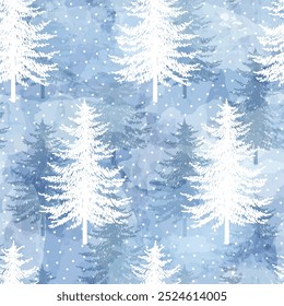 Christmas tree seamless pattern. Noel watercolor print, New Year winter decoration, silver and blue Christmas background with firs and white snow, wallpaper, wrapping paper design