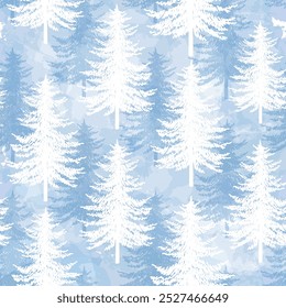 Christmas tree seamless pattern. Noel watercolor print, New Year winter decoration, silver and blue Christmas background with firs and white snow, wallpaper, wrapping paper design