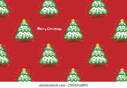 Christmas tree seamless pattern on red background