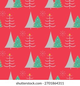 Patrón inconsútil del árbol de navidad en fondo rojo. Perfecto para el papel de embalaje de vacaciones, diseño textil, embalaje de regalo, tarjetas de felicitación y decoraciones de temporada