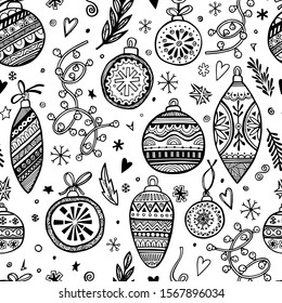 Christmas tree seamless pattern. Openwork balls and icicles, garlands, stars, twigs. Black linear doodle drawing isolate on a white background.
