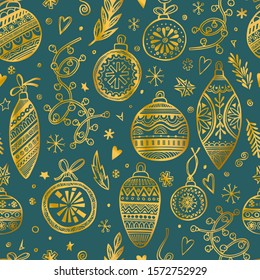 Christmas tree seamless pattern. Openwork balls and icicles, garlands, stars, twigs. Black linear doodle drawing isolate on a white background.