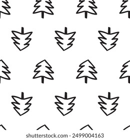 Christmas tree. Seamless pattern. Outline vector design. Black color. Graphic design on white background.