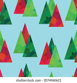 Christmas tree seamless pattern. Polygonal colorful xmas trees on blue background. Cute wrapper paper, wallpapers, textile prints. Vector illustration
