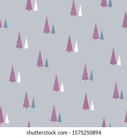 Christmas tree seamless pattern in purple, grey, white and blue